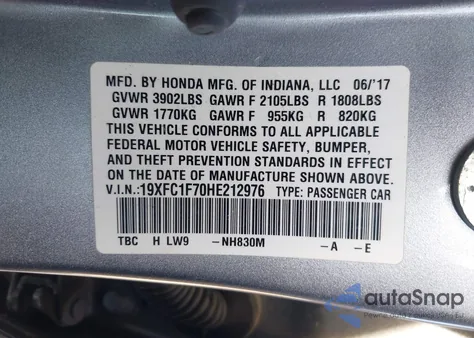 2017 Honda Civic Ex-L из США, поврежденный, VIN 19XFC1F70HE212976